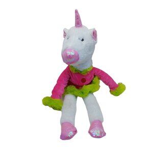 Inter American Stuffed Animal Plush White Unicorn Pink & Green Dress 16"